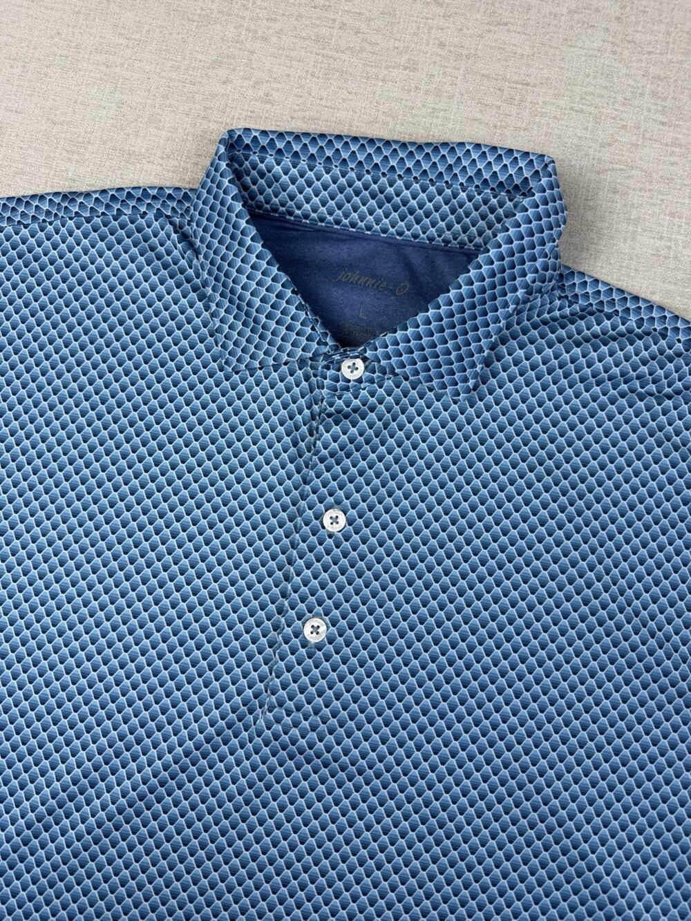 Johnnie-O Polo Shirt Mens Large Blue Geo Print Performance Golf Petroleum